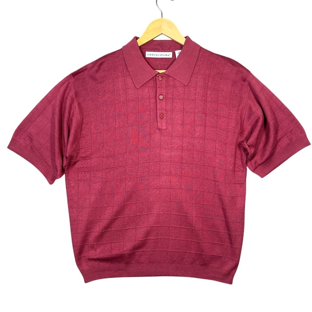 IRVINE PARK Mens Red Plaid Knit Short Sleeve Polo Shirt XL‎